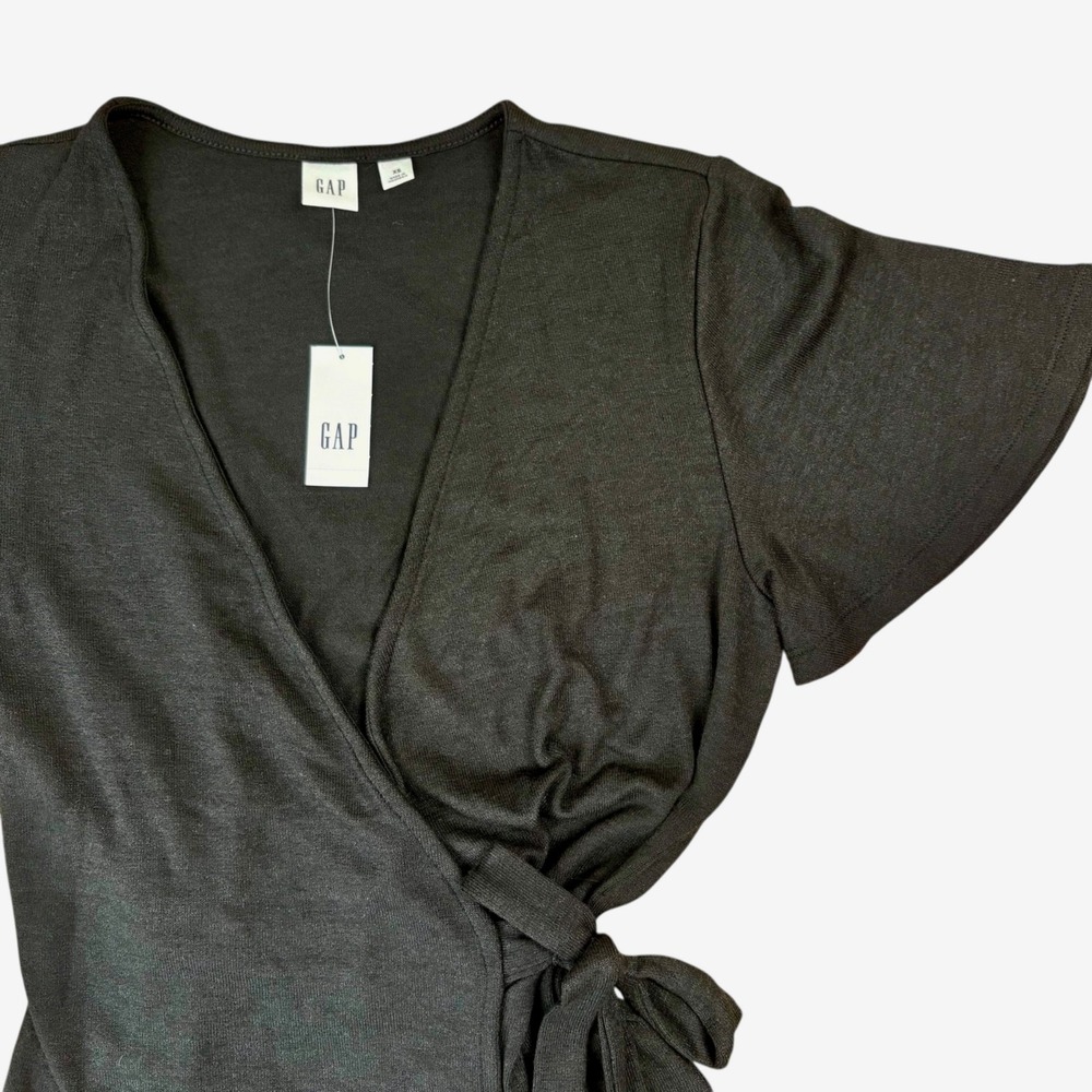 NWT GAP Short Sleeve Wrap‎ Top Black Tie Front Sz XS Minimalist Basics Cottage - Picture 3 of 6